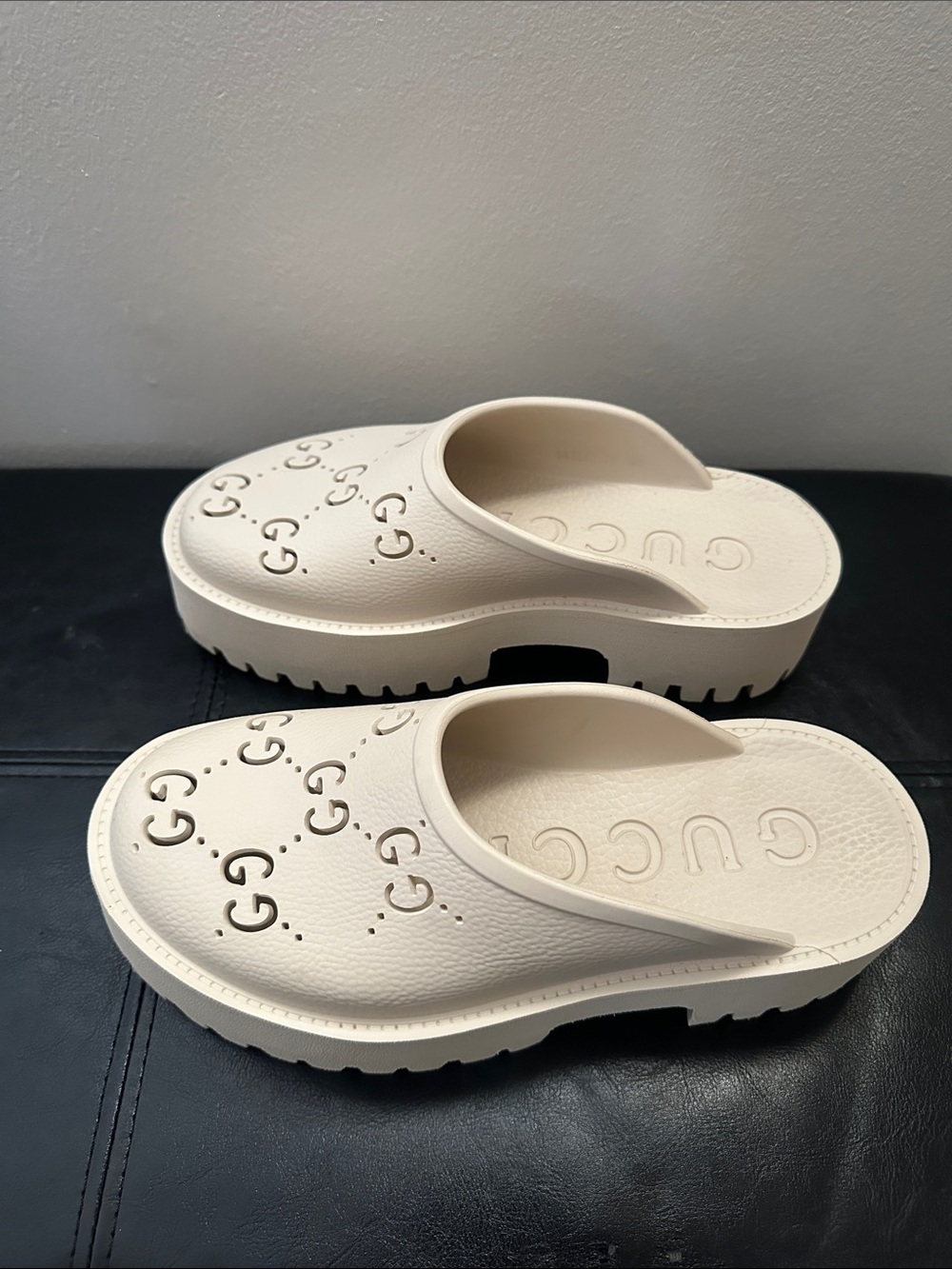 Authentic Gucci Cream Platform Slide Sandals with Perforated GG
